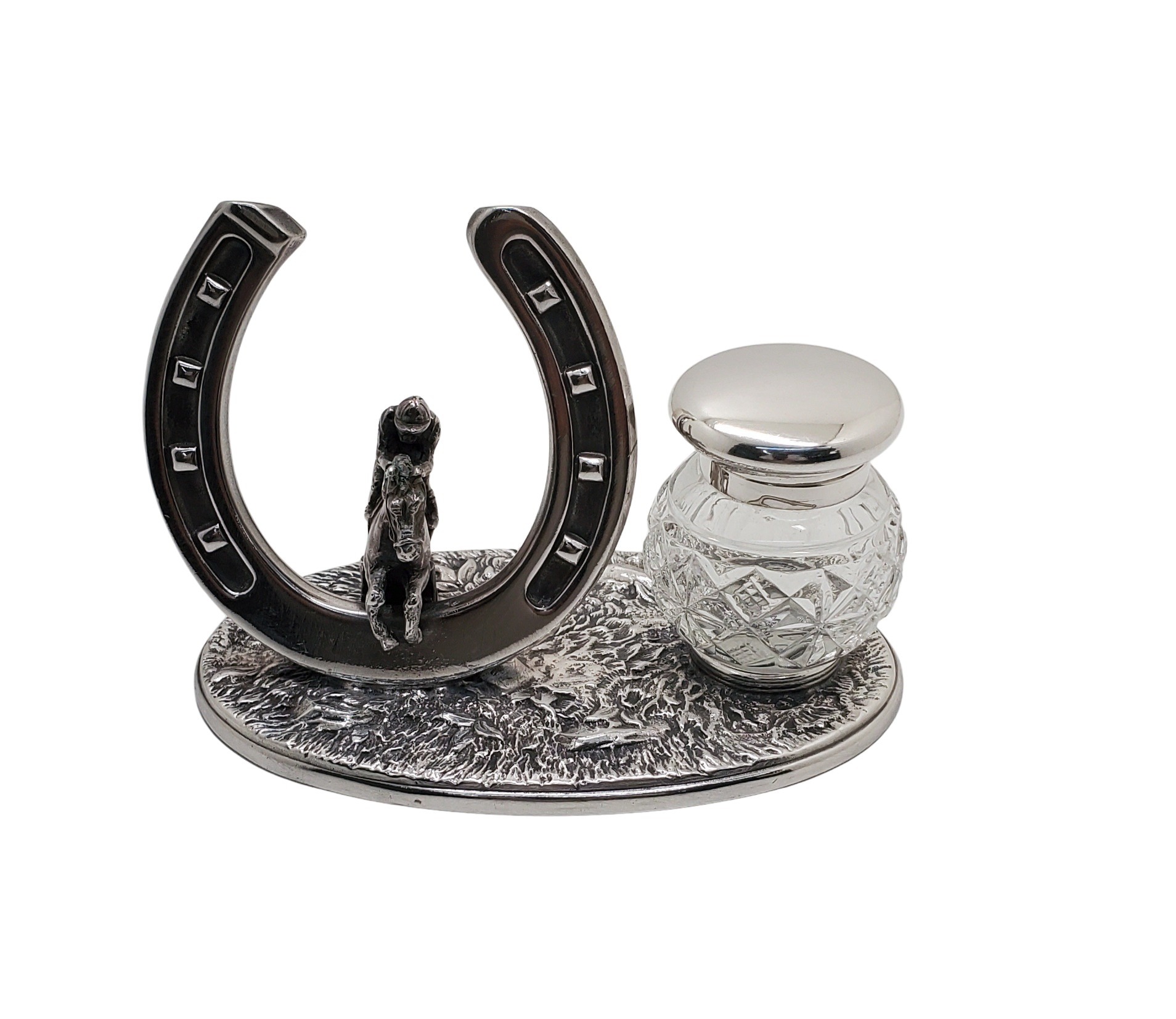 Horse Shoe & Rider Inkwell English Silver Plate