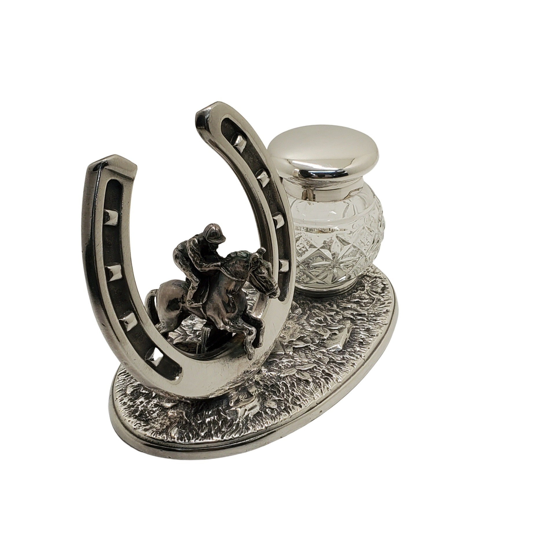 Horse Shoe & Rider Inkwell English Silver Plate